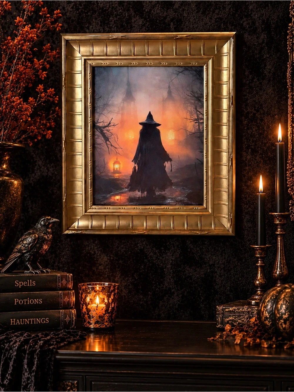 Framed Witch Silhouette Wall Canvas Art in Heavy Gold Wooden Frame 20”x17”